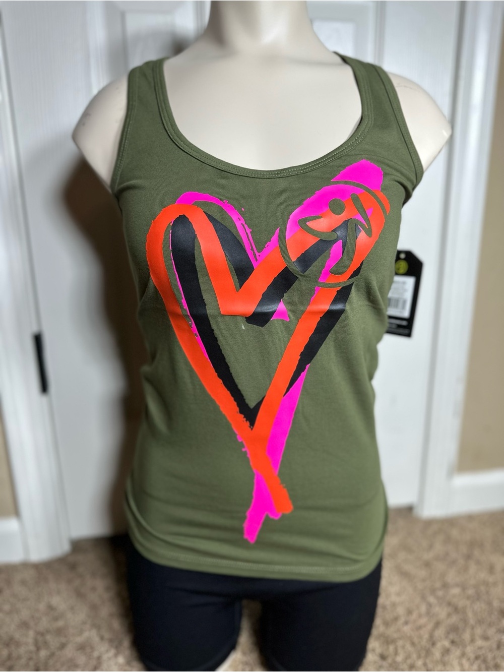 Zumba Love to Love Ya Tank Top Womens Small Olive Green Neon Heart Racerback NWT